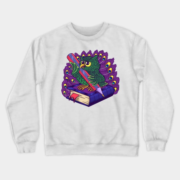 Owl bird with book and  pencil colorful design Crewneck Sweatshirt by Ardiyan nugrahanta